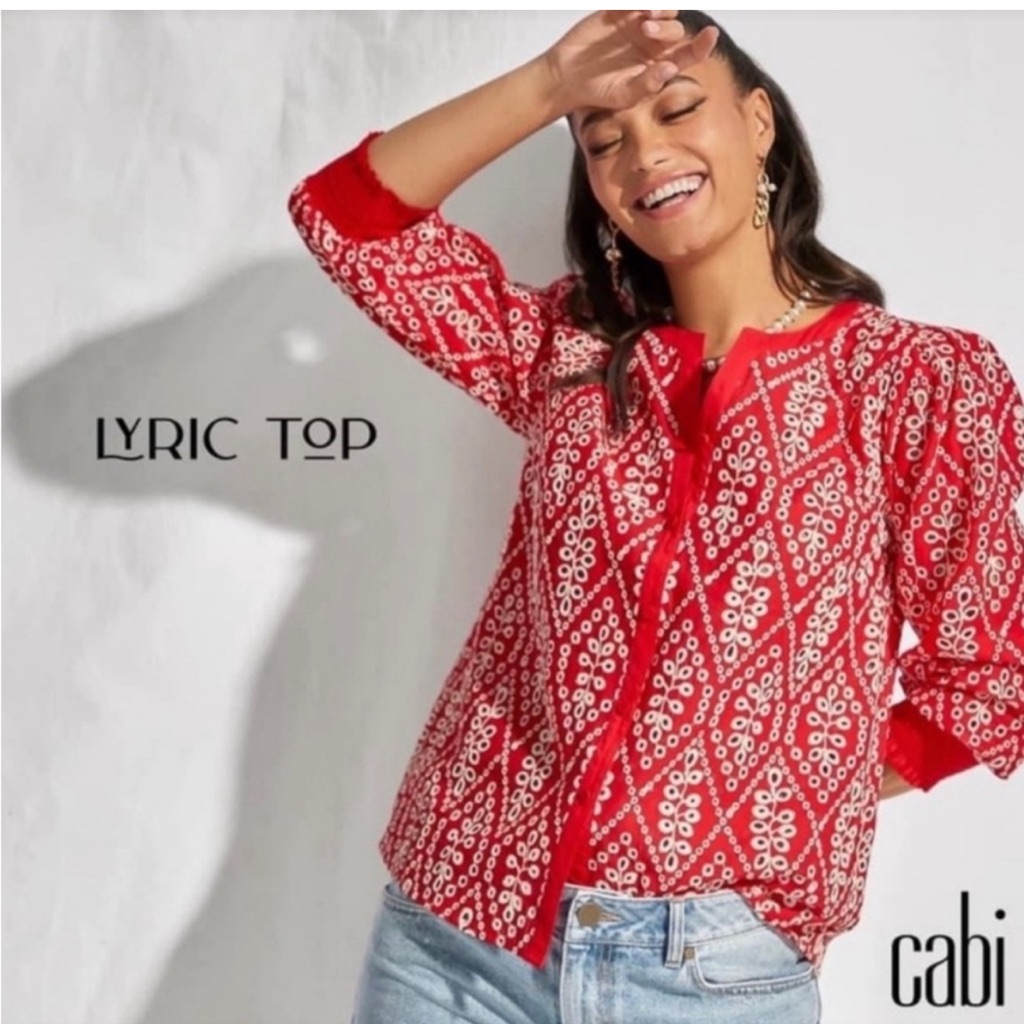 Cabi Style 6203 Lyric Button Front Blouse Top In Red/Cream Cotton Eyelet Size M